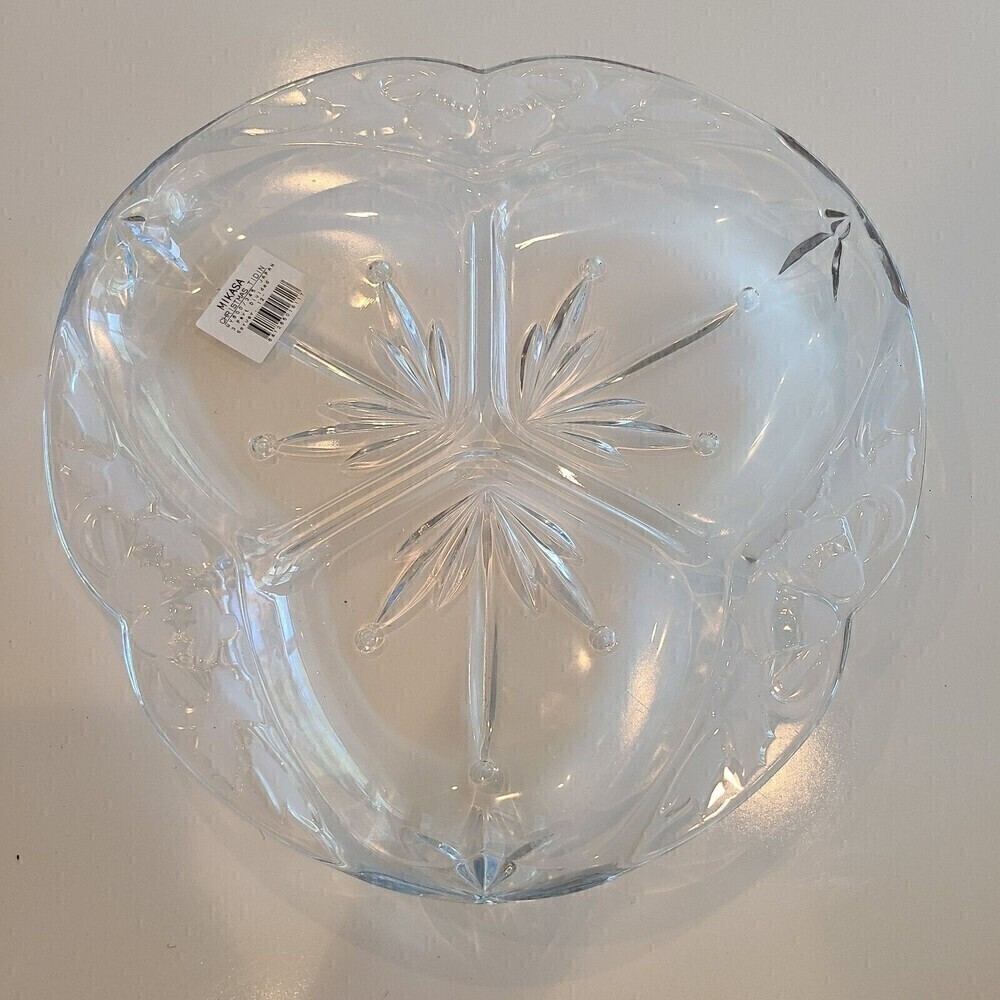 New Mikasa Crystal Christmas Tiding Holly 3 part Divide Serving Platter Tray 12"